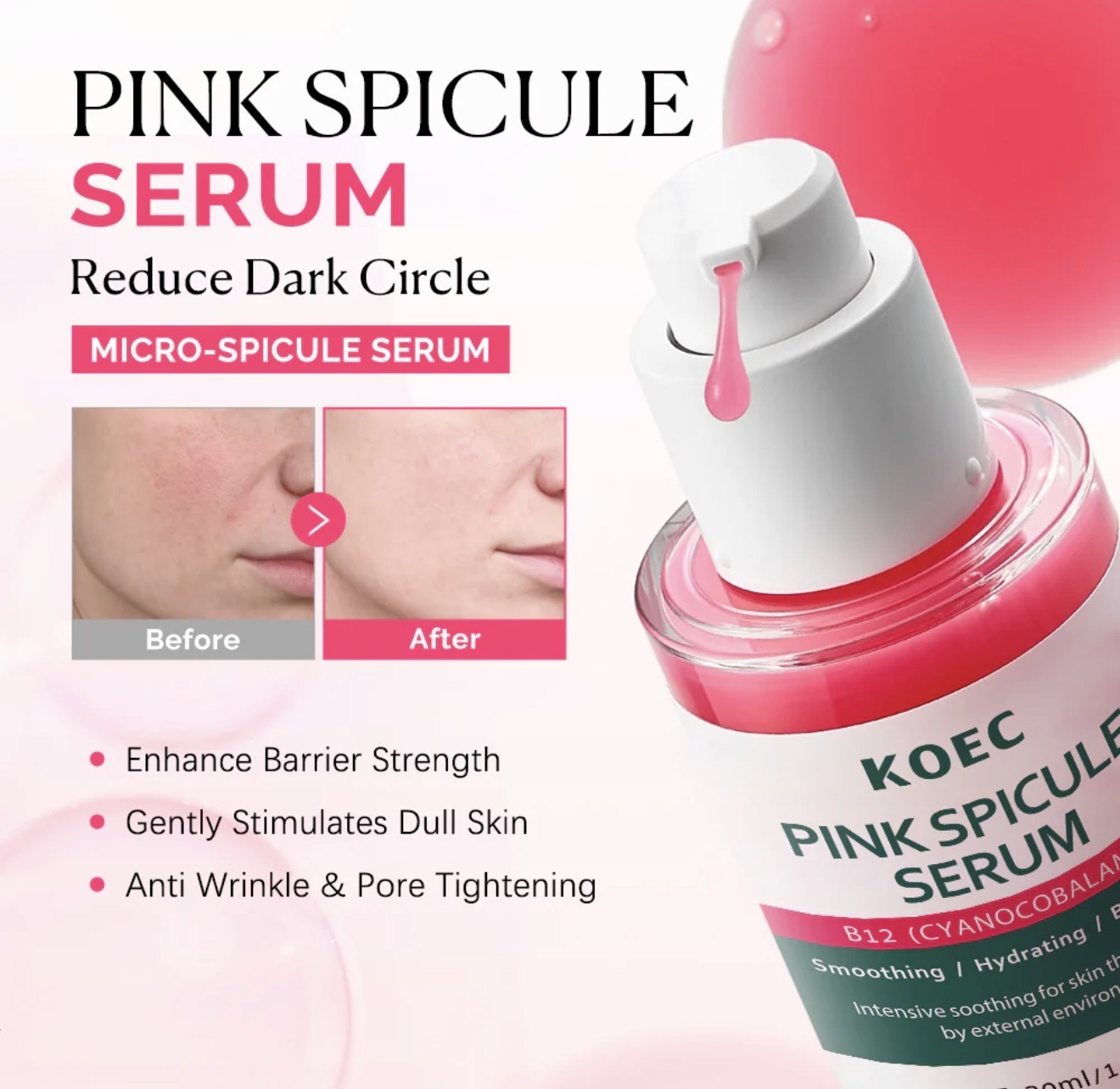 KOEC Pink Spicule Serum B12 – Vitamin B12 Facial Treatment for Dark Circles, Fine Lines & Puffiness (1.01 fl oz) - Image 3
