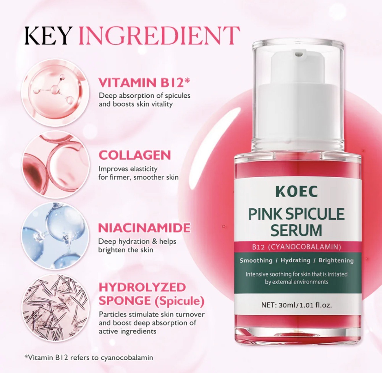 KOEC Pink Spicule Serum B12 – Vitamin B12 Facial Treatment for Dark Circles, Fine Lines & Puffiness (1.01 fl oz) - Image 4