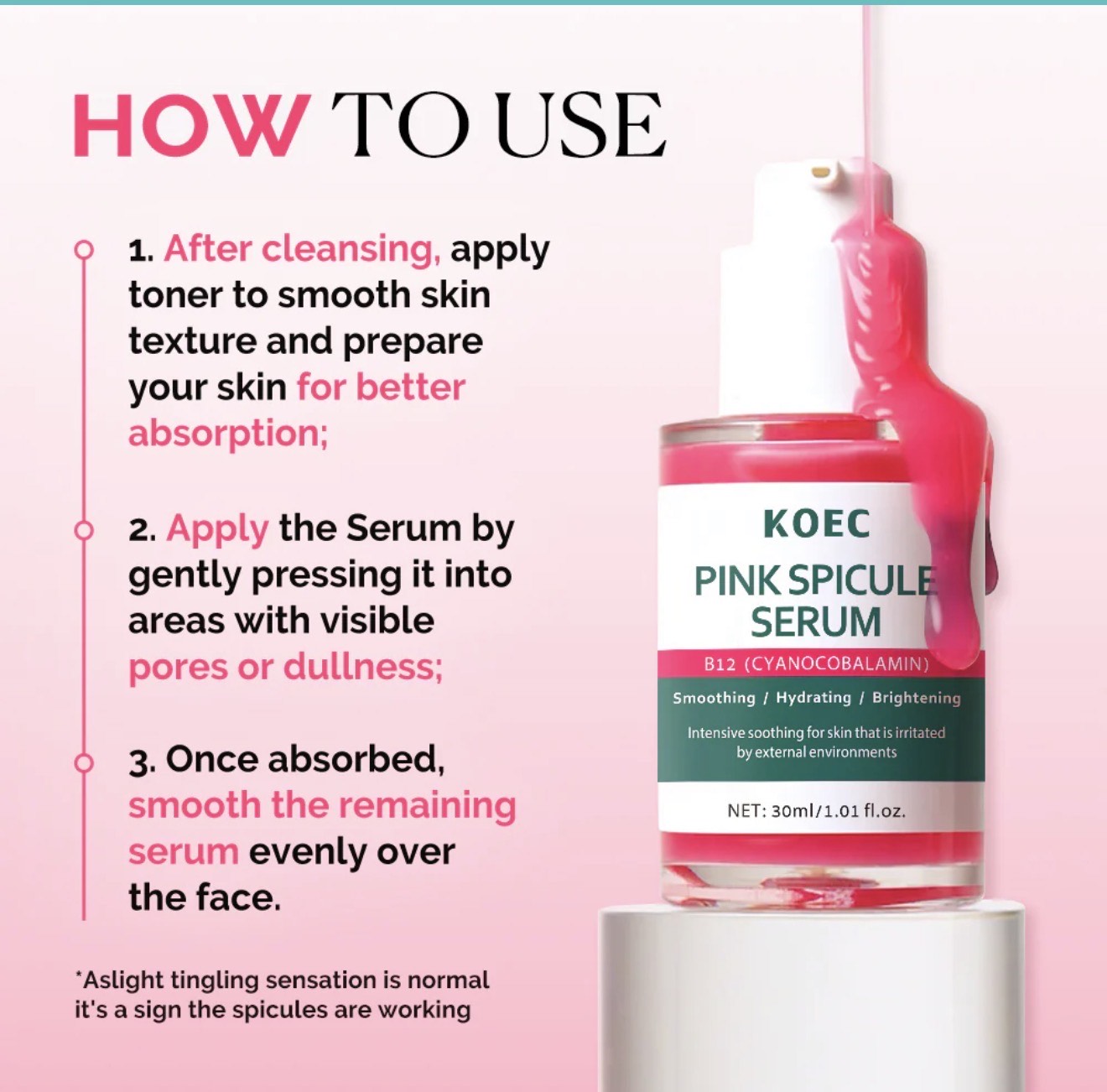 KOEC Pink Spicule Serum B12 – Vitamin B12 Facial Treatment for Dark Circles, Fine Lines & Puffiness (1.01 fl oz) - Image 5