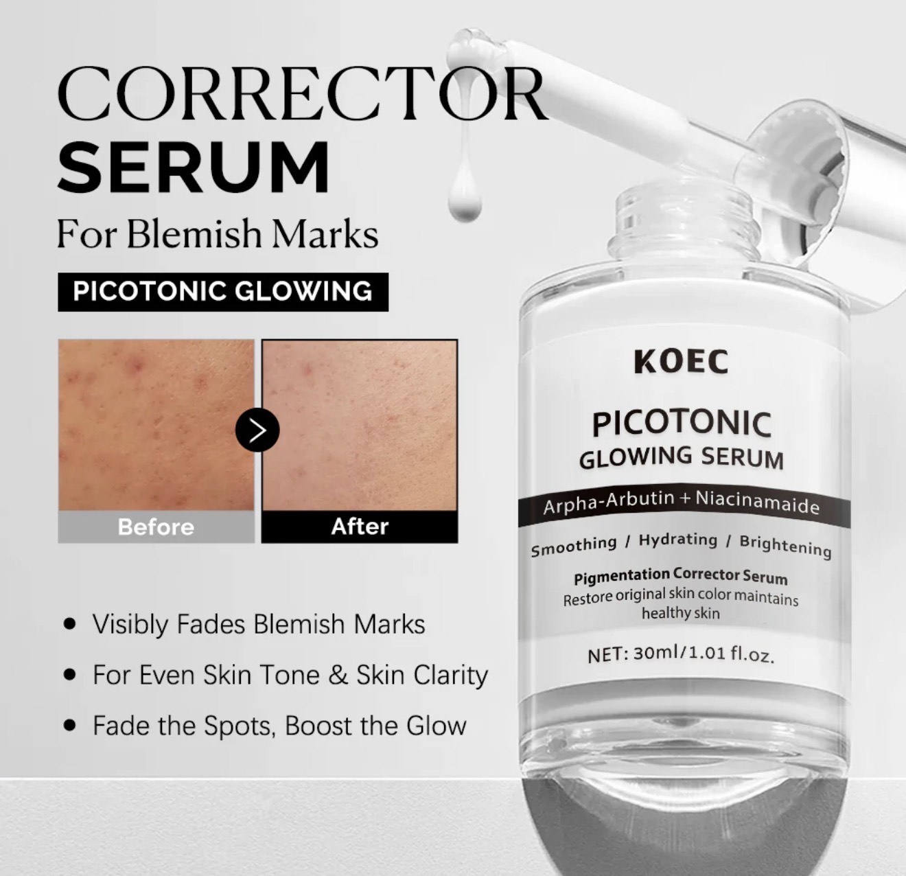 KOEC Picotonic Glowing Serum – Alpha‑Arbutin + Niacinamide Brightening & Blemish Mark Corrector - Image 2