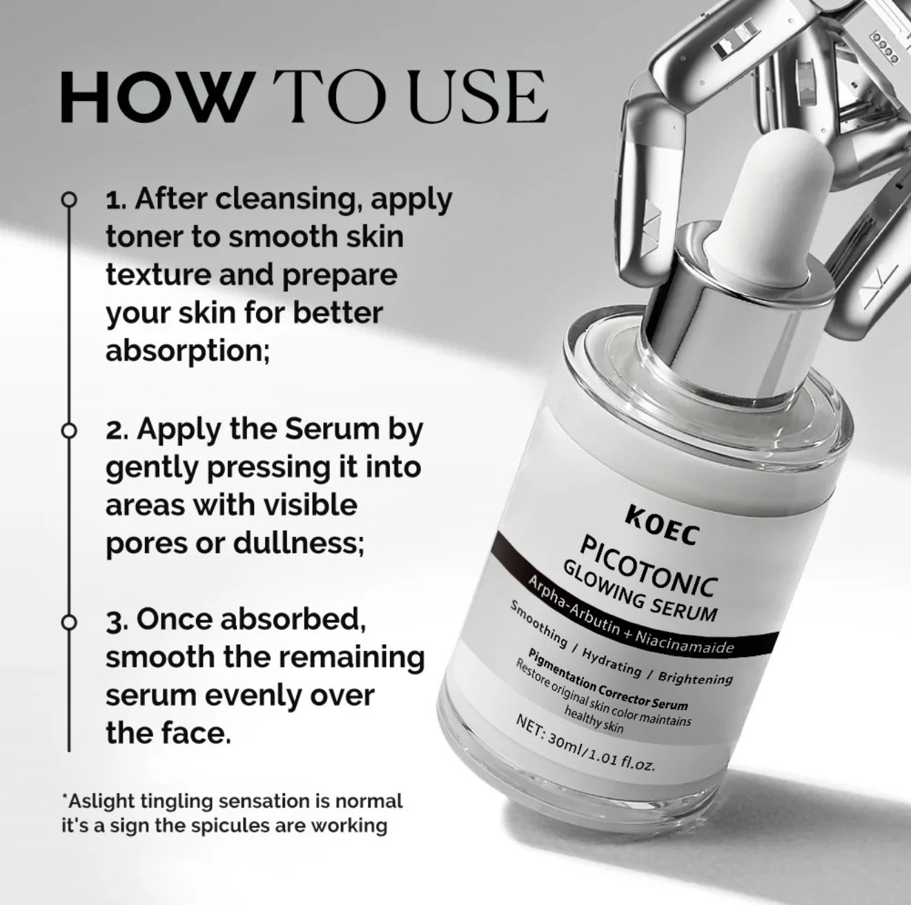 KOEC Picotonic Glowing Serum – Alpha‑Arbutin + Niacinamide Brightening & Blemish Mark Corrector - Image 4