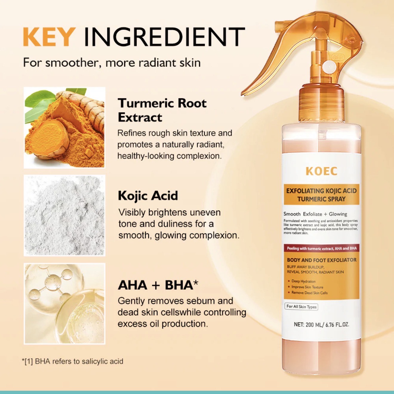 KOEC Exfoliating Kojic Acid Turmeric Spray – Body & Face Spray with AHA + BHA for Glowing, Smooth Skin - Image 3