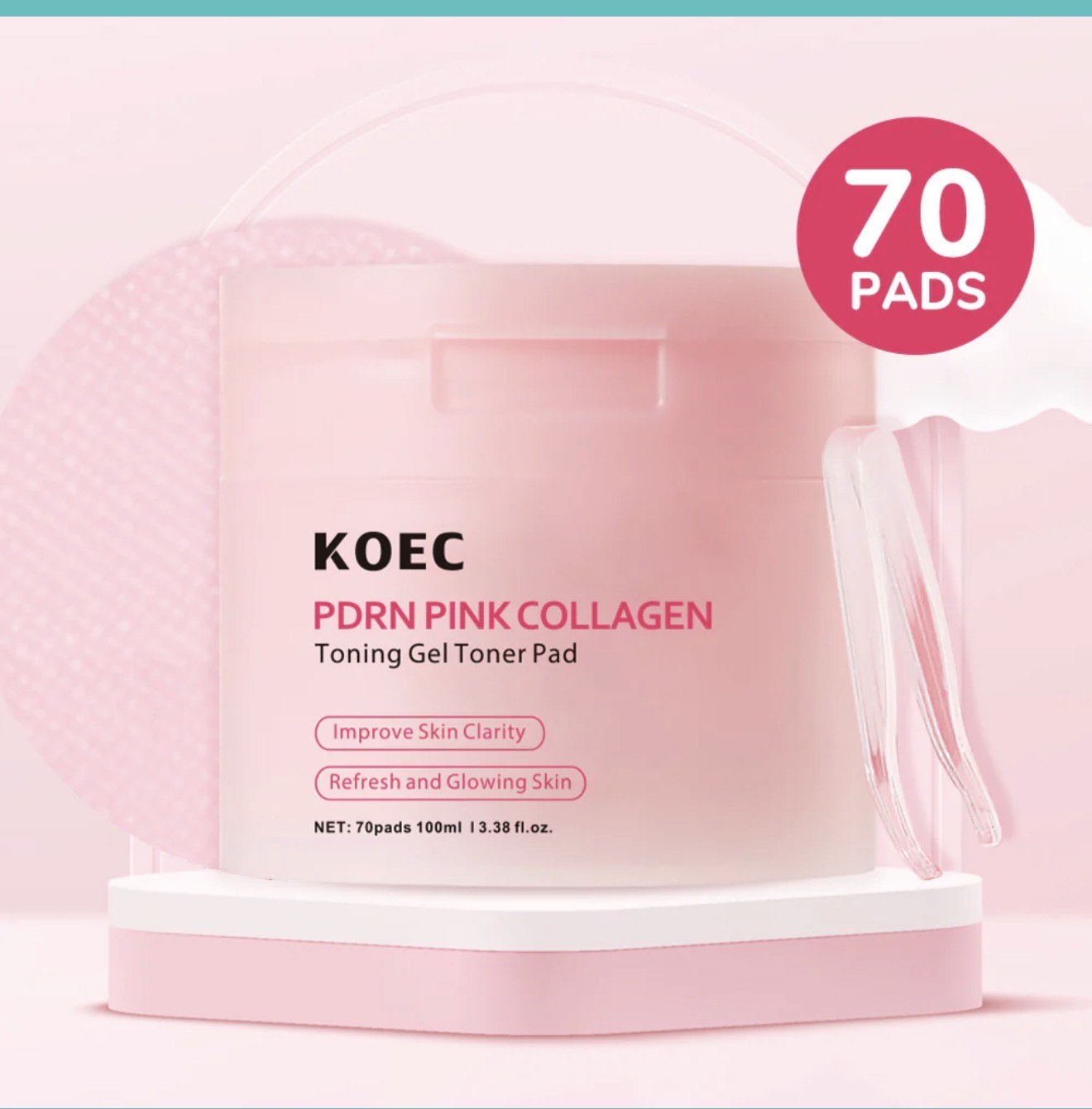 KOEC PDRN Pink Collagen Toning Gel Toner Pads – 70 Pads / 100 mL for Radiance & Clarity