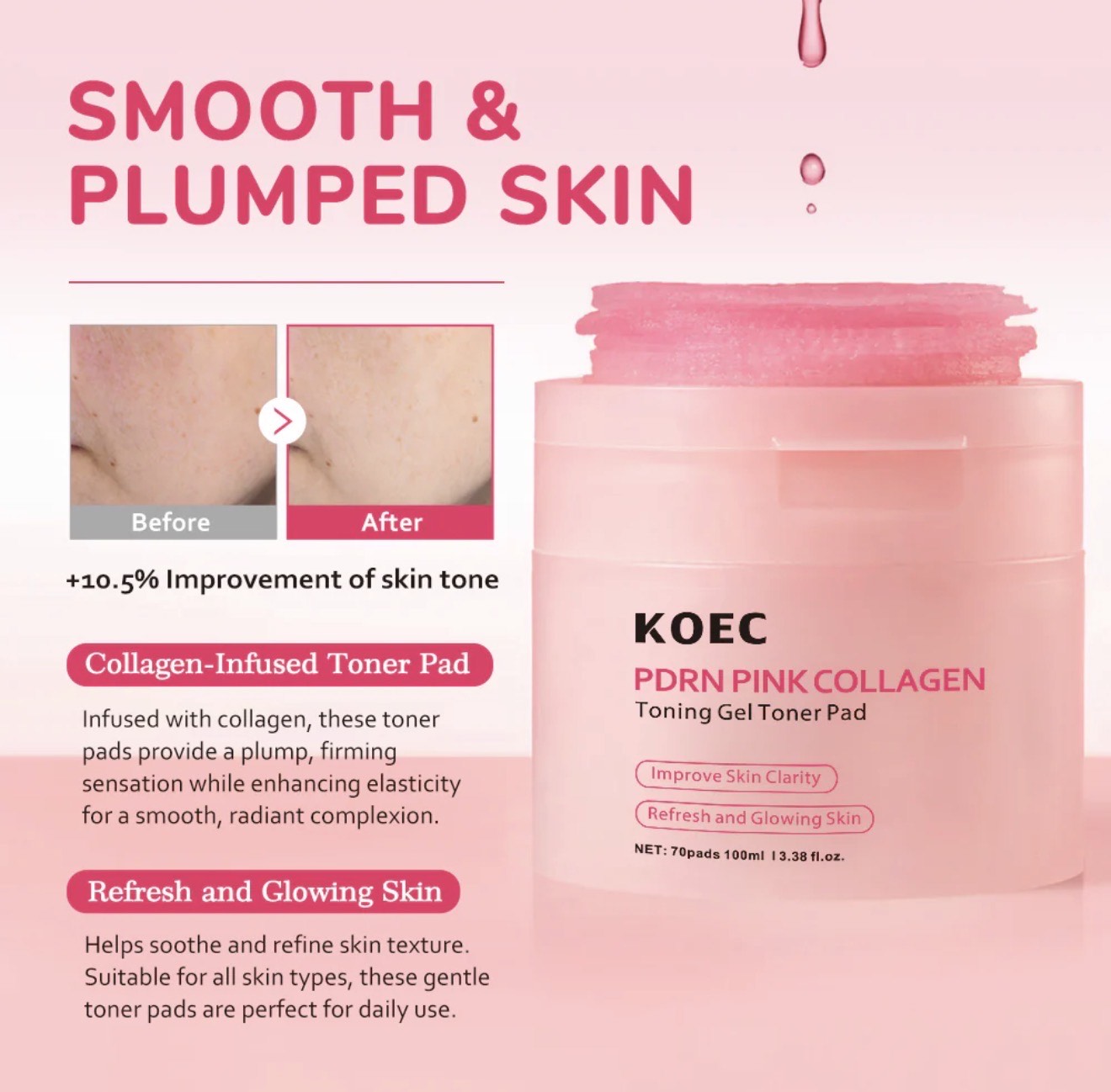 KOEC PDRN Pink Collagen Toning Gel Toner Pads – 70 Pads / 100 mL for Radiance & Clarity - Image 2
