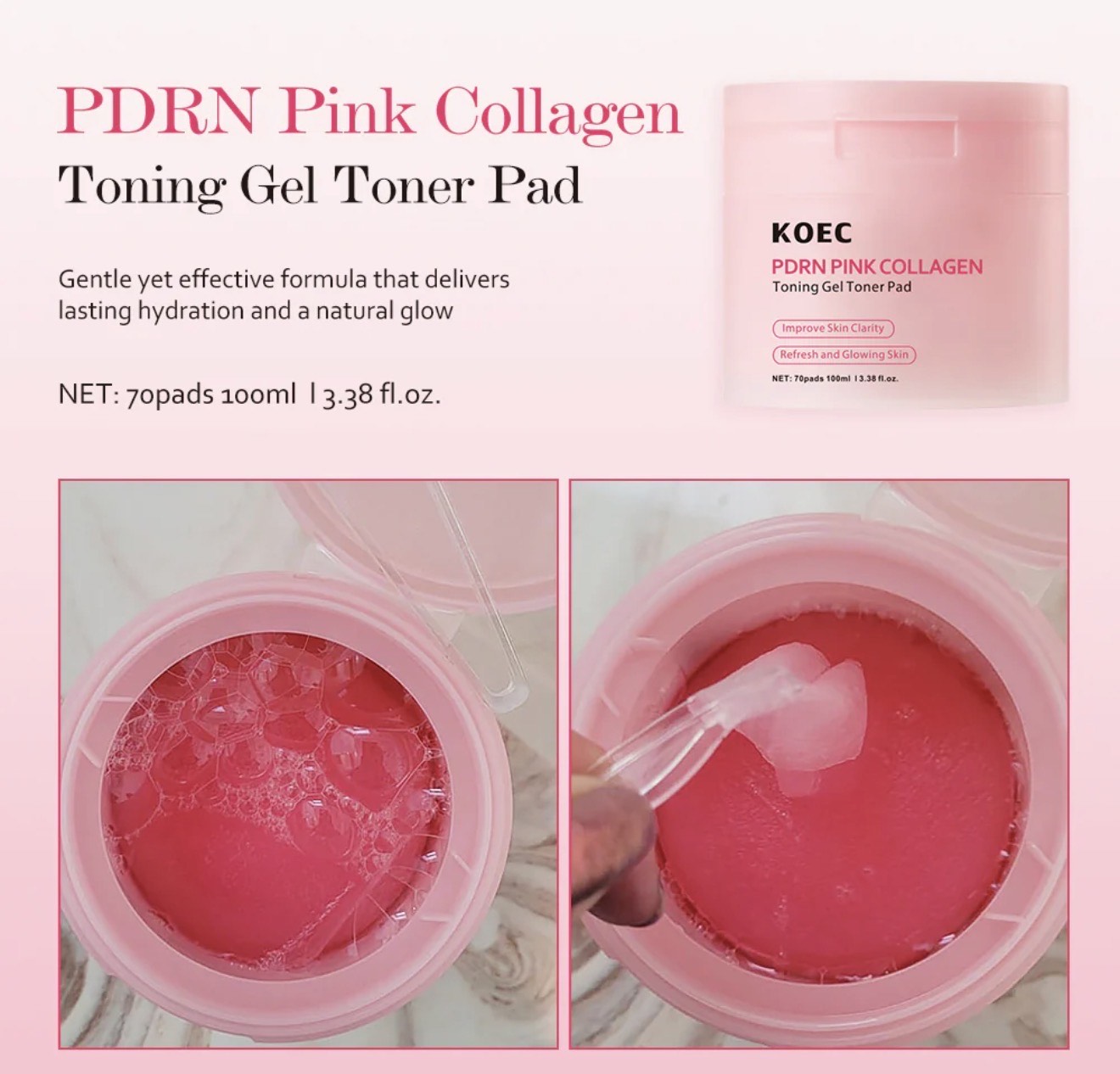 KOEC PDRN Pink Collagen Toning Gel Toner Pads – 70 Pads / 100 mL for Radiance & Clarity - Image 3