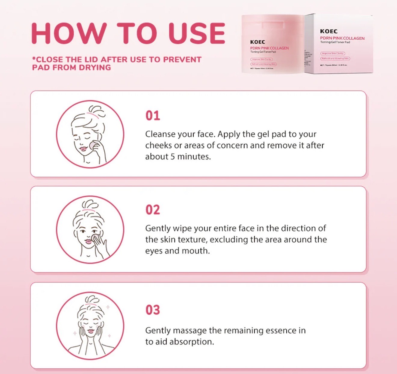 KOEC PDRN Pink Collagen Toning Gel Toner Pads – 70 Pads / 100 mL for Radiance & Clarity - Image 5