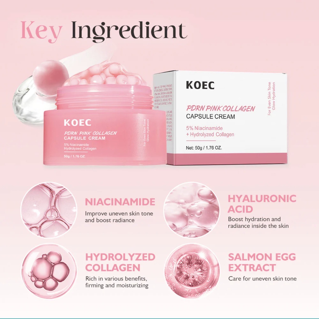 KOEC PDRN Pink Collagen Capsule Cream – 5% Niacinamide & Hydrolyzed Collagen (50g) - Image 4
