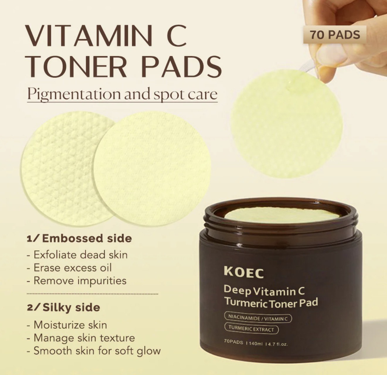 KOEC Deep Vitamin C Turmeric Toner Pads – Brightening & Dark Spot Correcting Skincare (70 Pads) - Image 4