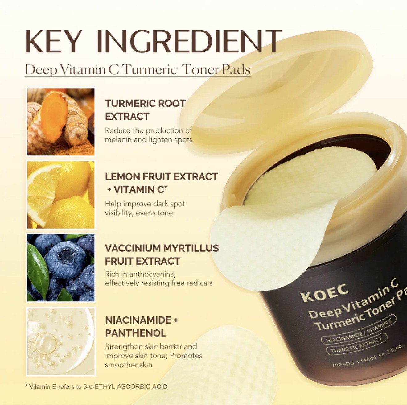 KOEC Deep Vitamin C Turmeric Toner Pads – Brightening & Dark Spot Correcting Skincare (70 Pads) - Image 3