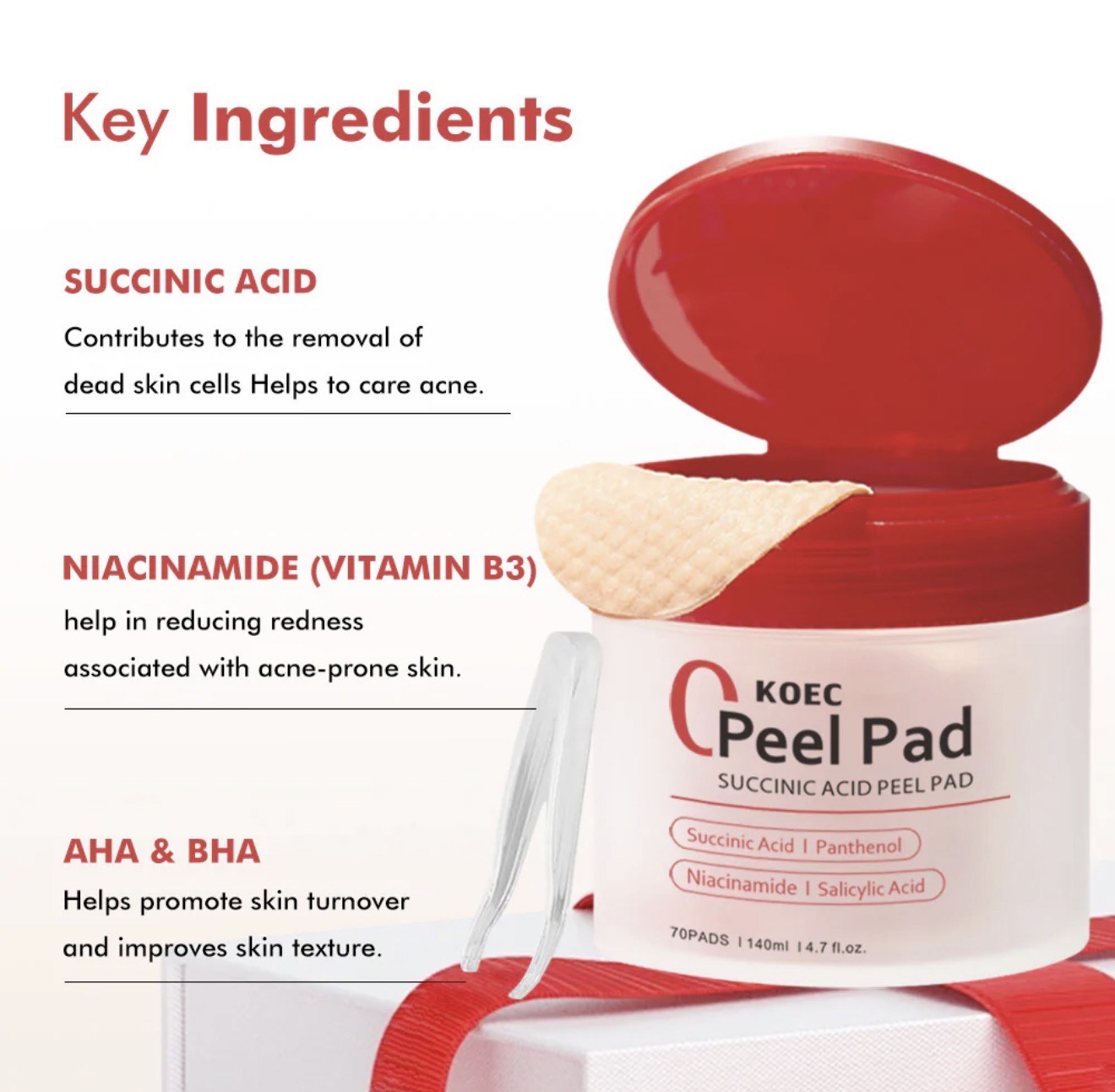KOEC Succinic Acid Peel Pad – Exfoliating Toner Pads with Niacinamide, AHA, BHA (70 Pads) - Image 3