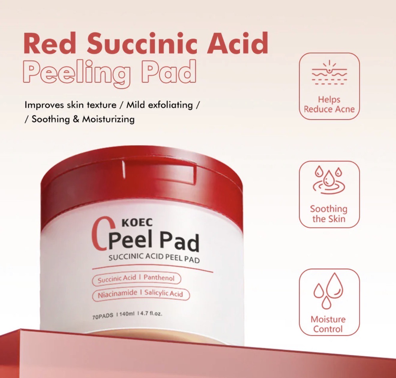 KOEC Succinic Acid Peel Pad – Exfoliating Toner Pads with Niacinamide, AHA, BHA (70 Pads) - Image 2