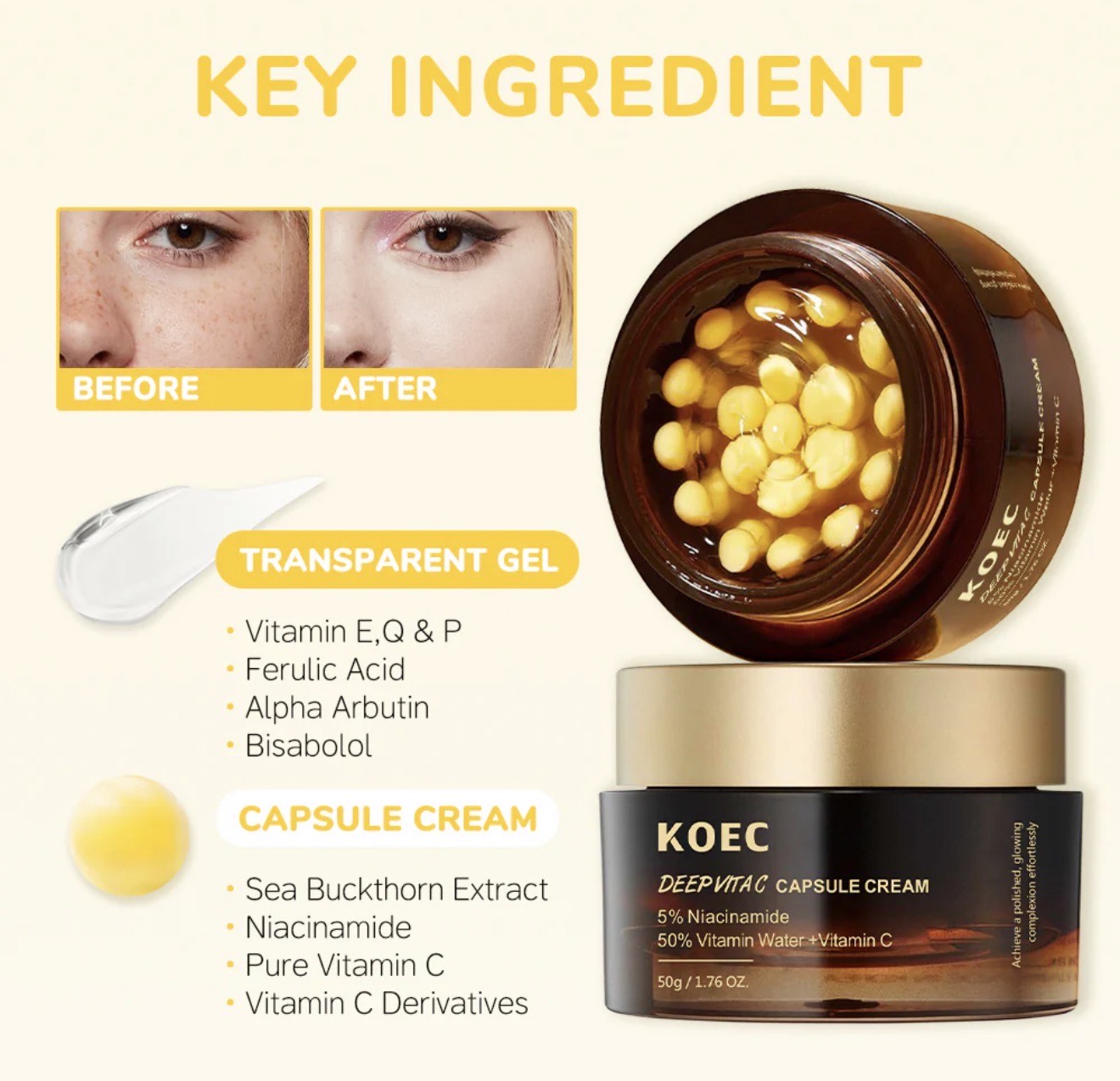 KOEC Deep Vita C Capsule Cream – Brightening & Hydrating Vitamin C Moisturizer | 50g - Image 3